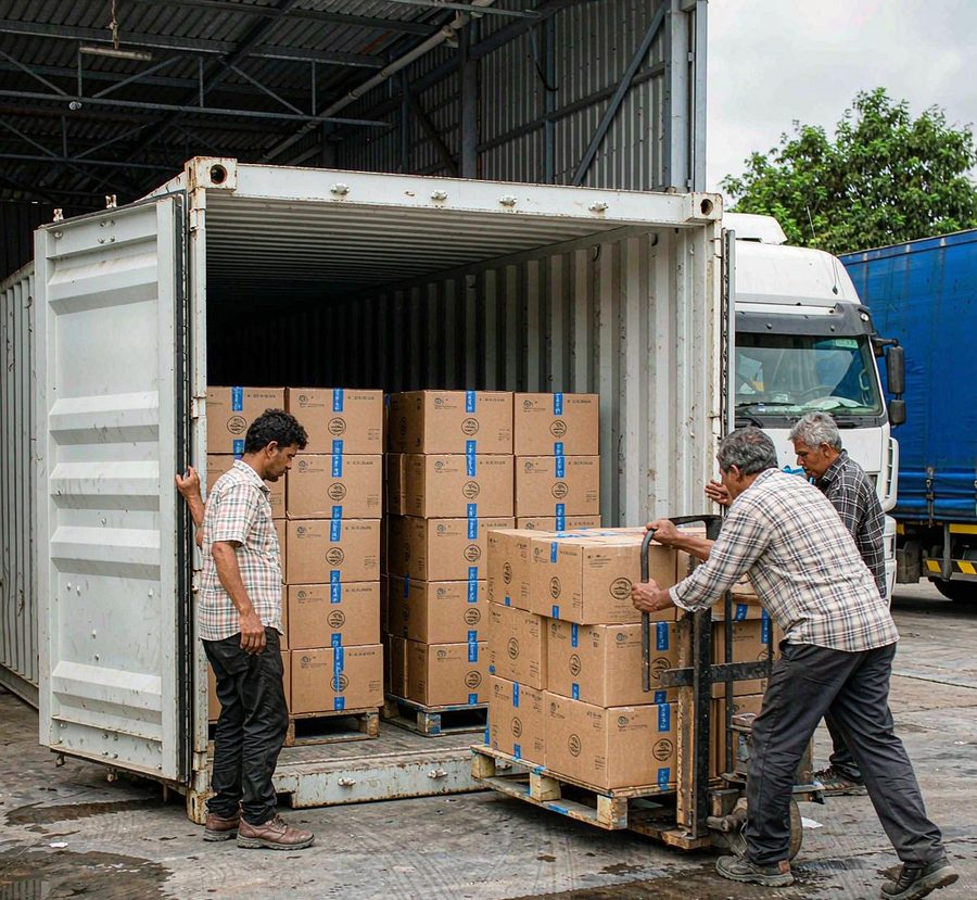 Export cartons loaded into a 40ft container under supervision